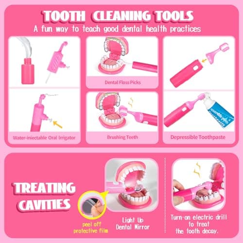 ULOVEME Pink Doctor Kit for Toddlers 3-5 with Costume - Dentist Kit for Kids with Teeth Model /Removable Teeth /Braces /Retainer - Toys for 4 Year Old Girls - Preschool Dramatic Play (Pink) - Thumbnail 6