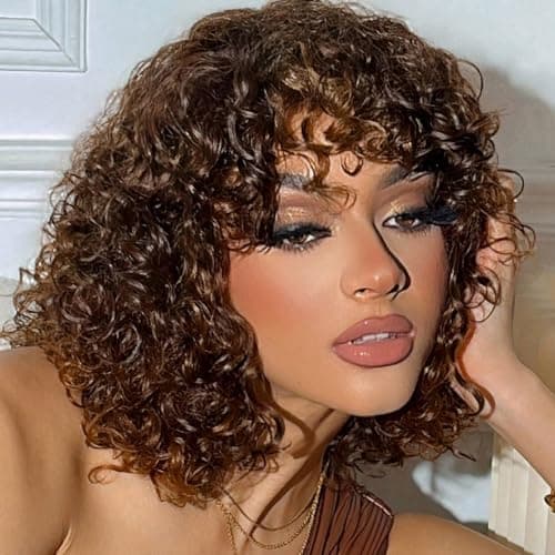 JOEDIR HAIR Fluffy Wig Human Hair Wigs for Black Women Wear and Go Afro Curly Bob Wig with Bangs 12 Inches Water Wave Glueless Wigs 250% Density (F4/27 Ombre Brown) - Image 1