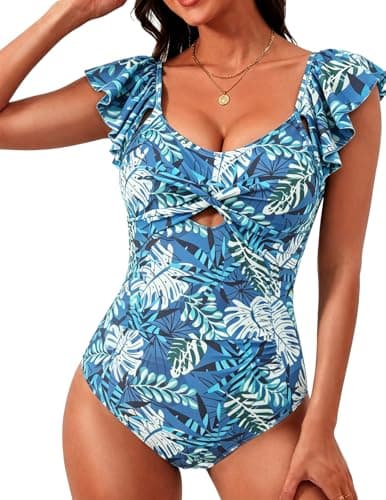 VIAURBE One Piece Ruffle Swimsuit Tummy Control Bathing Suit V Neck Swim Suit Slimming Swimwear Blue Floral XL - Image 1