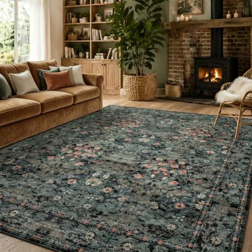 Boho Dark Green Floral Area Rug 8x10 for Living Room, Washable Farmhouse Moody Rug for Bedroom, Dining Room Under Table, Cottage Core Distressed Low Pile Non Slip Carpet, Soft Large Mat - Image 1