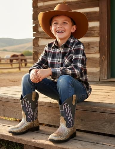 PATPAT Toddler Size 7 Gold Boys Cowboy Boots,Square Toe Mid Calf Embroidered Cowboy Boots Western Riding Shoes - Thumbnail 6