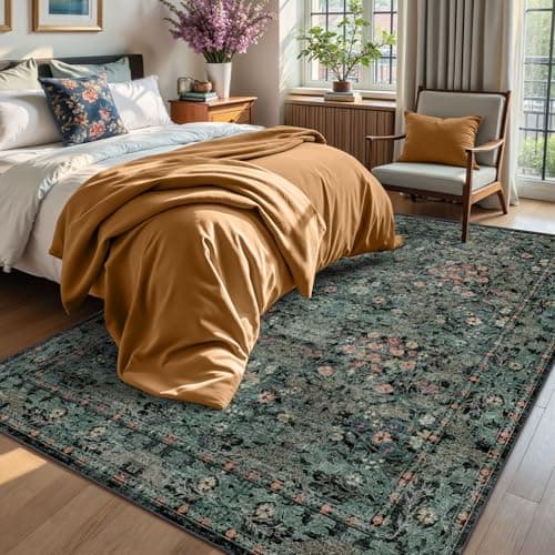 Dark Green Boho 5x7 Area Rugs for Bedroom Aesthetic, Washable Floral Rug for Living Room, Nursery - Low Pile Non Slip French Country Carpet for Dining Room Under Table - Botanical Mat for Indoor - Image 1