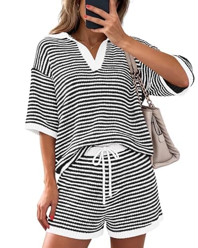 PRETTYGARDEN Women 2 Piece Lounge Sets Short Sleeve V Neck Striped Tops Drawstring Short Sets Beach Summer Outfits 2026(Striped Black White,XX-Large) - Image 1