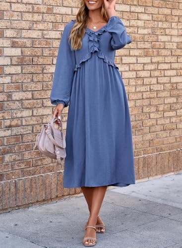 Dokotoo Dresses for Women Spring Outfits 2026 Blue Dress Plus Size Dresses for Teachers Wedding Guest Dress Casual V Neck Long Sleeve Women Clothing Summer Maxi Dress Blue - Thumbnail 3