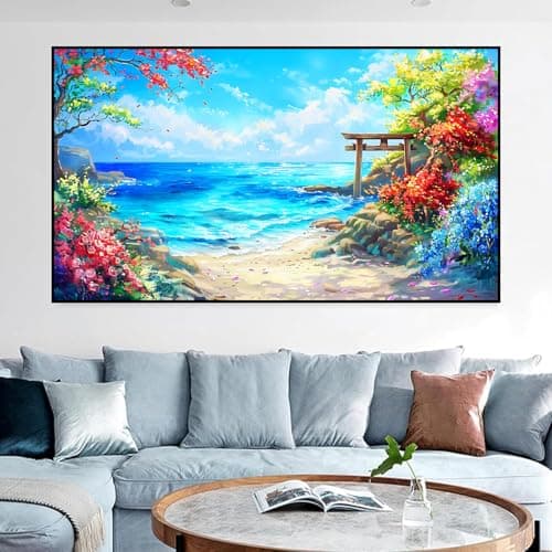 igoodom Large Diamond Painting, Large Beach Diamond Art Kits for Adults, Full Drill Round Big Flowers Diamond Painting, DIY Gem Art and Crafts for Home Wall Decor Gift 27.5 X 15.7inch - Thumbnail 4