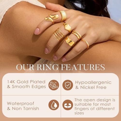 Yoosteel Chunky Gold Rings for Women - Hypoallergenic Dainty 14K Gold Plated Thick Stackable Open Finger Rings Set for Women Trendy Jewelry Gifts 12 PCS - Thumbnail 5