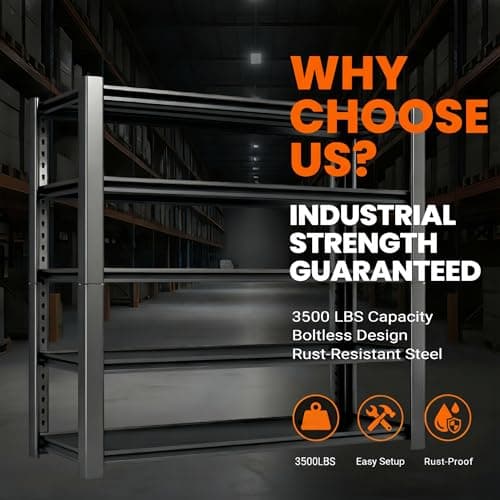 WOZBUD 3500 LBS Heavy Duty Garage Shelving, 48" W x 20" D x 74" H Metal Storage Shelves, Adjustable Boltless Steel Storage Rack for Garage, Basement, Warehouse, Pantry - Thumbnail 6