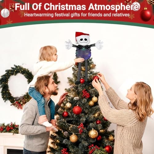 Christmas Tree Topper with Colorful String Light, Stretchable Body Jack Huggers with Santa Hat, Poseable Handmade Tree Topper for Halloween Christmas Party Decor (Jack Tree Topper) - Thumbnail 3