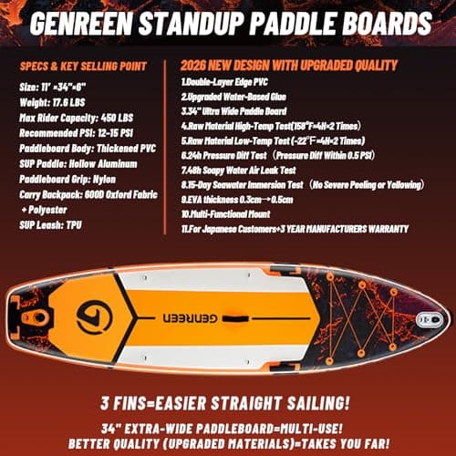Genreen Paddle Board Stand up Paddle Board Inflatable SUP 11'*34'' EVA 0.5cm Thickened PVC Double Layer 450LBS 5 Grips Family Pet Friendly Lava Orange Black - Thumbnail 2