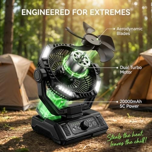 BINUYASHA Rechargeable Camping Fan with 20000mAh Battery, 8-Speed Stepless Control, Remote, Auto Oscillating, Dual LED Light & Timer, Hanging Hook for Tent, Beach, Power Outage - Thumbnail 2