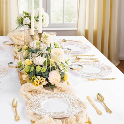 GATHER 350PCS White and Gold Plastic Plates - Gold Disposable Dinnerware Set Include 50 Dinner Plates, 50 Dessert Plates, 150 Gold Plastic Silverware, 50 Napkins, 50 Cups for Wedding & Party - Thumbnail 2