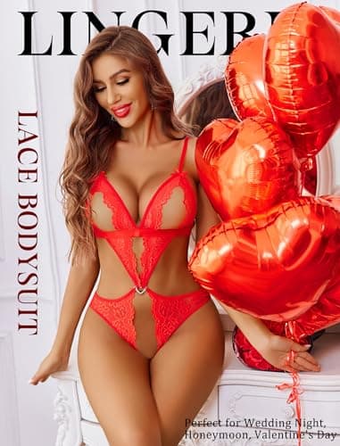 Avidlove Women Lingerie Lace Bodysuit Teddy Deep V Neck One Piece Babydoll Red XS - Thumbnail 4