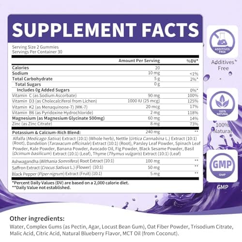 2 Pack Potassium Magnesium Gummies, Sugar-Free Potassium Gummies with Magnesium Glycinate 500mg Chewable Potassium Magnesium Supplements with Calcium, Zinc & Vitamins to Support Leg Muscle Relaxation - Thumbnail 3