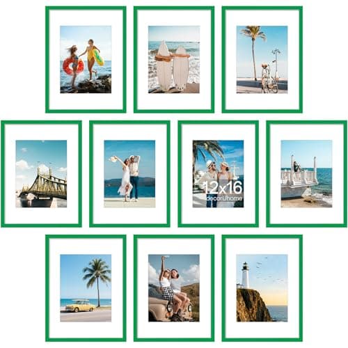 decorUhome 12x16 Picture Frame Set of 10, Display 8.5x11 Certificate with Mat or 12x16 Poster Unmatted for Picture Frames Collage Wall Decor, Green