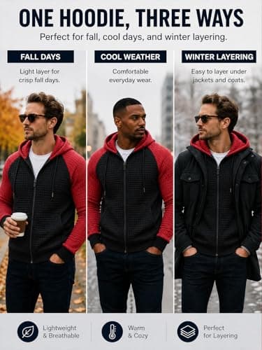 Men's Lightweight Casual Hoodie Full Zip Up Long Sleeve Waffle Knit Hood Sweatshirt Drawstring Jacket with Pocket - Thumbnail 4
