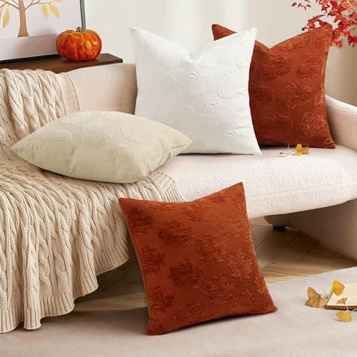 decorUhome Decorative Beige Pumpkin Thanksgiving Throw Pillow Covers 18x18 Set of 2, Soft Chenille Jacquard Farmhouse Textured Pillow Covers for Couch Bed Sofa Autumn Harvest Halloween Holiday - Thumbnail 5