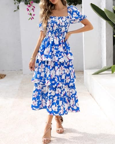 BTFBM Womens Square Neck Smocked Dress Summer Puff Short Sleeve Floral Casual Ruffle Tiered Maxi Wedding Guest Dresses(Floral Blue White, Small) - Thumbnail 4