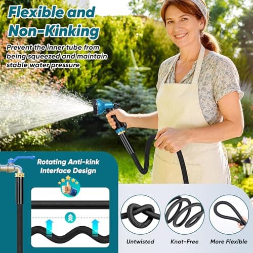 BAZOLOTA Garden Hose 100FT Non-Expanding, Lightweight Hose With 10-Function Nozzle, Leak-Proof No-Knot, Easy to Carry, Wear-Resistant, Sturdy 3/4GHT Flexible Water Hose for Outdoor (Black with Nozzle) - Thumbnail 3