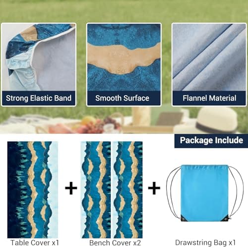 Picnic Table Cover with Bench Covers - Camping Essentials Camping Table Cover with Elastic Edges & Drawstring Bag, Fitted Rectangle Tables and Seats for 6-Foot Outdoor, 30x72 Inches, Blue Green - Thumbnail 3