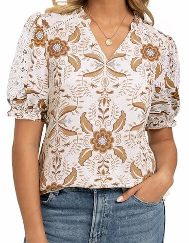 GRACE KARIN Women Boho Floral Tops, Summer Short Sleeve Shirts, V Neck Dressy Casual Blouse Work Printed 2026 Spring Trendy Beige Brown X-Large - Image 1