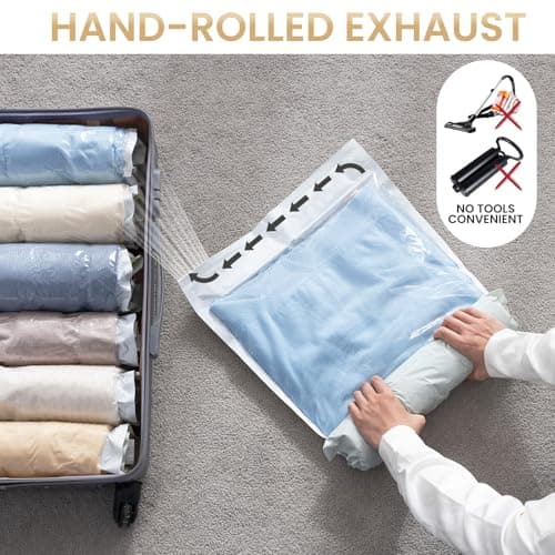 TAILI 15 Travel Compression Bags, Roll Up Space Saver Bags (5 Small+5 Medium+5 Large), Hand Roll Packing Storage Bags for Luggage, Suitcase and Cruises, No Pump or Vacuum Needed, Cream - Thumbnail 4