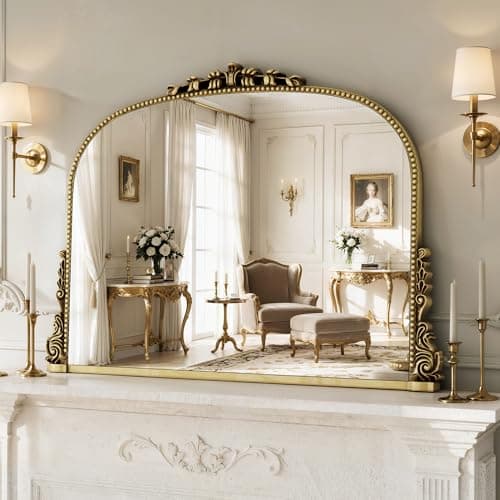 26x38 inch Vintage Arched Gold Ornate Baroque Mirror - Wall Vanity Mirror with Beautiful Retro Top and Bottom Engraving Process Frame for Bathroom, Living Room, Fireplace, Entryway, HD Tempered Glass - Thumbnail 3