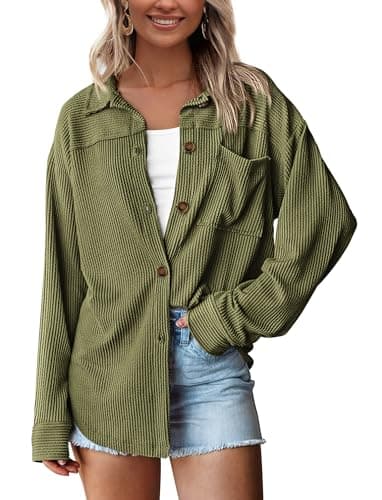 PRETTYGARDEN Women's Button Down Shirts 2026 Spring Long Sleeve Textured Tops Oversized Shacket Jacket Knit Blouses(Army Green,Large) - Image 1