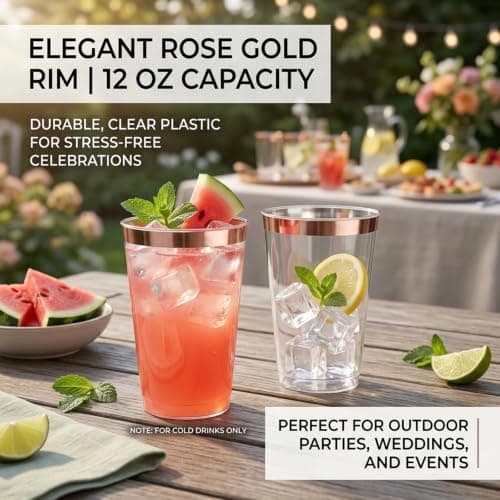 200 Pack 12oz Plastic Cups with Rose Gold Rimmed - Sturdy & Food Safe Plastic Wine Glasses Wedding Cups Party Cups Clear Cups Plastic Cocktail Glasses for Wine, Juice, Cocktails and Cold Beverages - Thumbnail 4