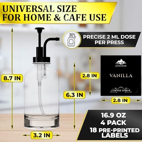 Set of 4 Glass Coffee Syrup Dispenser with Pump 16.9oz 500 ml – 18 Marked Labels – Leak-Proof Glass Syrup Bottles for Coffee Bar, Espresso Station & Barista Setups | Parties & Event Ready (Black) - Thumbnail 2