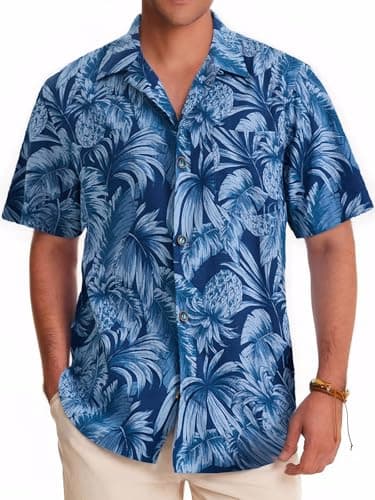 ALLOVIN Mens Camp Collar Hawaiian Shirt Linen Tencel Floral Button Down Loose Fit for Summer Beach & Holiday Party | Blue Floral on Blue | Large - Image 1