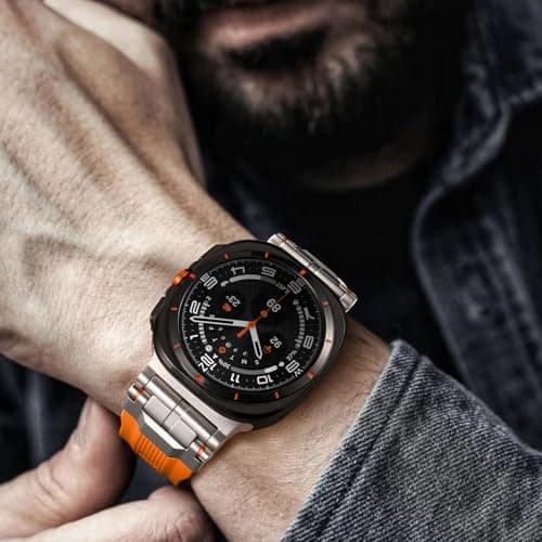 Bandletic Liquid Silicone Bands Compatible with Samsung Galaxy Watch Ultra Band 47mm for Men Women 2025 2024 - Soft Sport Strap with Stainless Steel Buckle - Orange Band with Titanium Connector - Thumbnail 2