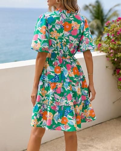 BTFBM Women Summer Floral Short Dresses V Neck Short Sleeve Tiered Ruffle Boho Swing Dress A-Line Mini Dresses(Floral Green Orange,Small) - Thumbnail 6