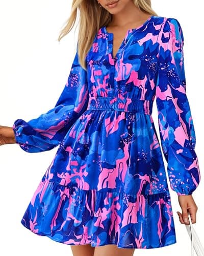 BTFBM Spring Dresses for Women 2026 Mini Long Sleeve Elastic Waist Summer Vacation Outfits Floral Wedding Guest Dress(Flower Blue Pink, Small) - Image 1