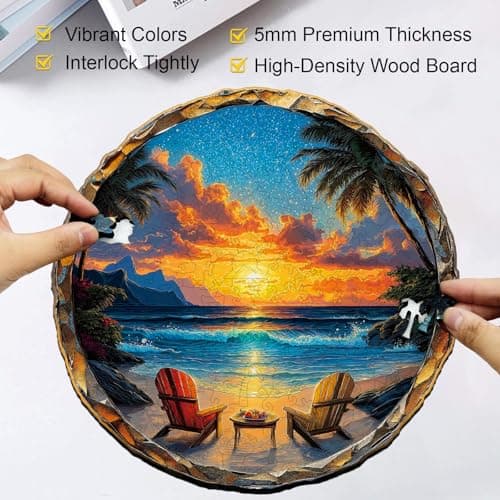 Wooden Puzzle for Adults, Sunset Beach Wooden Jigsaw Puzzle, Unique Shape Wooden Puzzles 200 Large Pieces, Challenging Outdoor Nature Scene Jigsaw Puzzles, Beatiful Artwork Wall Decor 11 * 10.9in - Thumbnail 6