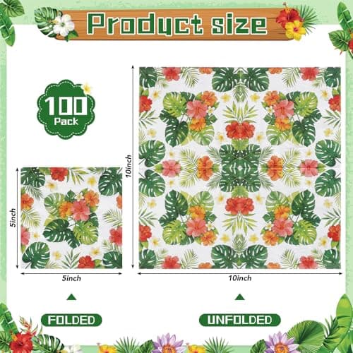 NatNarr 100pcs Hawaiian Napkins, 2-Ply Tropical Paper Napkins Disposable Luau Hibiscus Floral Cocktail Napkin for Aloha Birthday Decorations, Summer BBQ, Pool and Beach Party, 5 Inch - Thumbnail 2