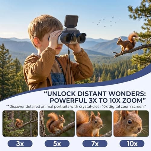 OAEBLLE Kids Binoculars with Night Vision Camera, 10X Zoom Digital Adventures Telescope with 2.4" IPS Screen, Nature Explorer STEM Toys for Bird Watching Camping, Gifts for Boys Girls Age 4-12 - White - Thumbnail 2