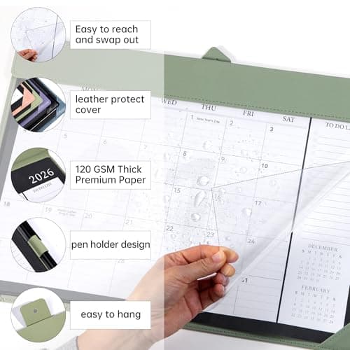Bibiage Desk Calendar 2026 Jan to Dec with Plastic Cover, Large Desktop Calendar 12"x17" with to-do List, Wall Calendar Leather Hard Back, Large Ruled Block, Monthly Flip, Desk Decor, Office Supplies, Green - Thumbnail 2