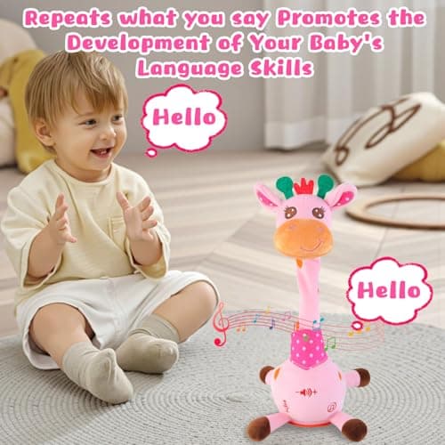 MIAODAM Dancing Giraffe Interactive Toy, Singing 10 Children's Song, Stuffed Baby Toy Repeats What You Say, Colorful Glowing Plush Toys for Toddler Easter Day Gifts for Kids(Pink Giraffe) - Thumbnail 6