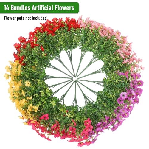 Powbrace Artificial Flowers Outdoor, Faux Silk Flowers Plastic Plants for Outdoors Indoor Outside Front Porch Hanging Planter Window Box Garden Home Decoration, 14 Pack (Mix) - Thumbnail 5