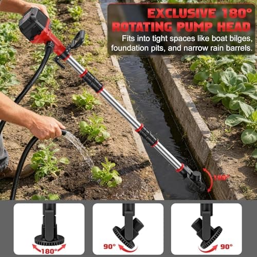 Cordless Stick Water Transfer Pump for Milwaukee 18V Batteries (No Battery), Max 800GPH, 23FT Lift, Brushless Portable Sump Pumps with Rotatable Pump Head for Pool, Garden, Pond, Basement, Boat - Thumbnail 3
