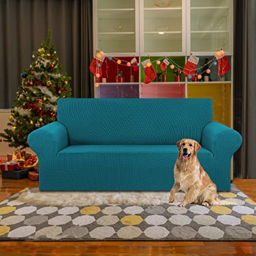 KEKUOU Stretch Loveseat Sofa Cover Slipcover,Couch Covers for 2 Cushion Couch Sofa (55"-78") Furniture Protector Sofa with Elastic Bottom for Kids,Dog. Jacquard Small Checked (Medium,Peacock Blue) - Thumbnail 2