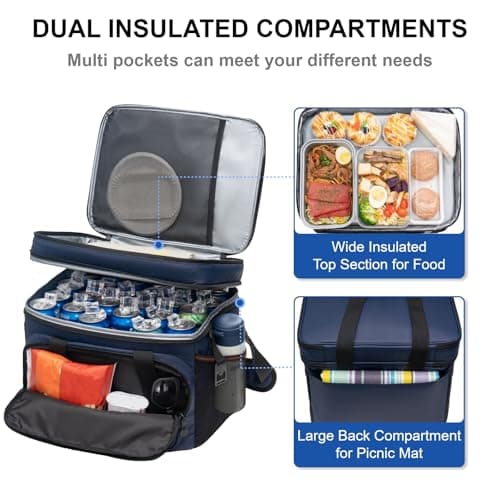 EVERFUN Large Soft Cooler Bag Insulated Cooler 48 Can Dual Compartments Collapsible Waterproof Leak-Proof for Camping Travel Beach Picnic, Navy - Thumbnail 4
