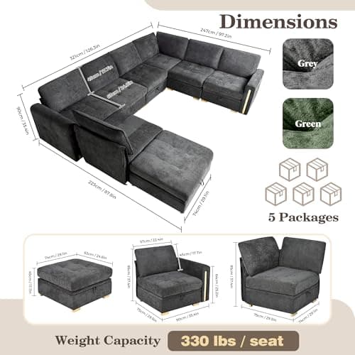 smilesun Oversized Modular Chenille 8-Seater Sectional Sofa with Storage, Convertible Comfy Extra Deep & Wide Seat Couch with Gold Metal Accents & Legs for Living Room (Grey) - Thumbnail 2