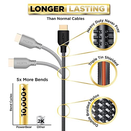 PowerBear 4K HDMI Cable 10 ft | High Speed Hdmi Cables, Braided Nylon & Gold Connectors, 4K @ 60Hz, Ultra HD, 2K, 1080P, ARC & CL3 Rated | for Laptop, Monitor, PS5, PS4, Xbox One, Fire TV, & More - Thumbnail 3