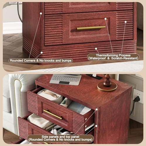 RECHHX 3 Drawer Dresser for Bedroom, 25.6" Tall Nightstand with Charging Station, Farmhouse 23.6" Wide End Table, Thermoformed Curved Small Chest of Drawers for Bedroom, Living Room, Cherry - Thumbnail 6