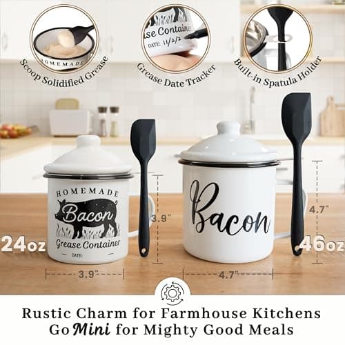 Ayerphalo Bacon Grease Container with Strainer - With Food-Grade Silicone Spatula, 24oz Enamel Rustic Farmhouse Fat Container, Keeper, Recipes, Dishwasher Safe - Thumbnail 3