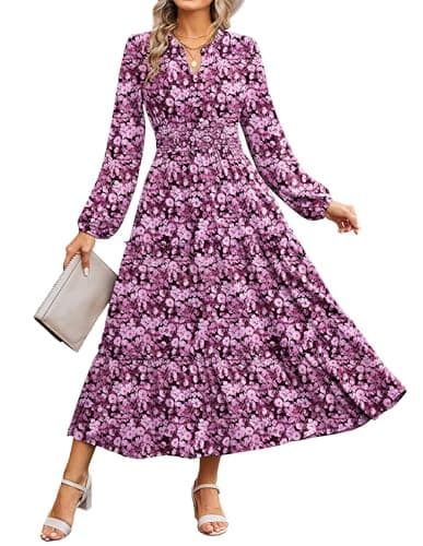 GRACE KARIN Women's Floral Maxi Dress 2026 Fall Long Sleeve V Neck Empire Waist A Line Flowy Dress with Pocket Purple L - Image 1