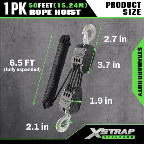 XSTRAP STANDARD Heavy-Duty 2,000LB 50 Feet Rope Hoist Pulley 1 Ton Wheel Block and Tackle System 5:1 Ratio Lifting Power with 2PK 18 Inch Soft Loops (Upgraded 50ft Black) - Thumbnail 3