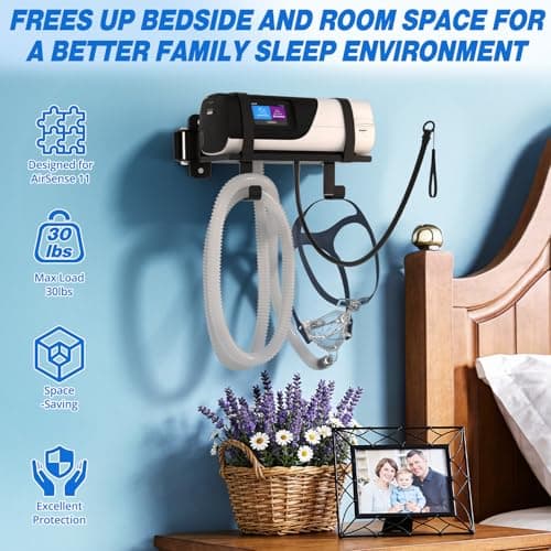 Godboat CPAP Wall Mount Shelf for Resmed Airsense 11 Machine - 180° Swivel CPAP Hose Holder, 90° Rotating Hanger with 2 Hooks for Tube Organizer Mask Stand [Tangle-Free], Bedside Bed Room Decor/Black - Thumbnail 5