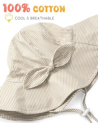 HONGTEYA Baby Sun Hat Cotton Stripe Bow Wide Brim Toddler Beach Bucket Hat - Thumbnail 4